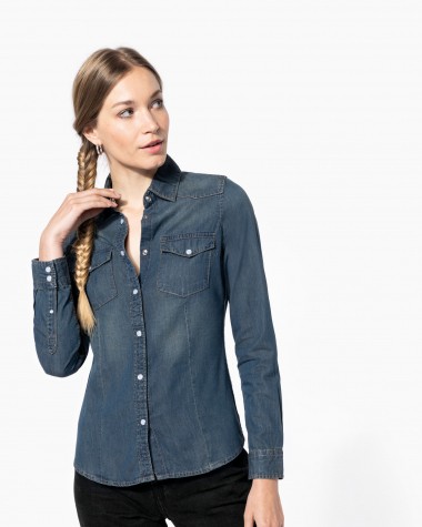 Hemd KARIBAN Dames denim blouse lange mouwen voor bedrukking &amp; borduring