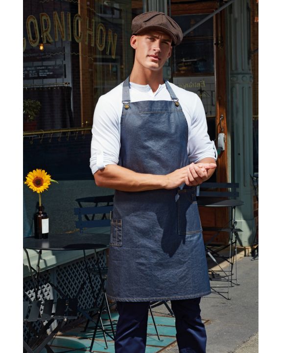 Schort PREMIER District - Waxed look denim bib apron voor bedrukking & borduring