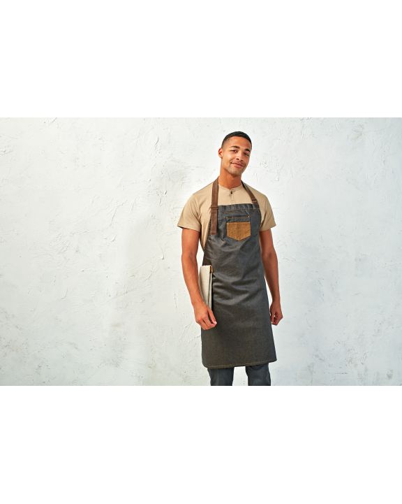 Schort PREMIER Division - Waxed look denim bib apron with faux leather voor bedrukking & borduring