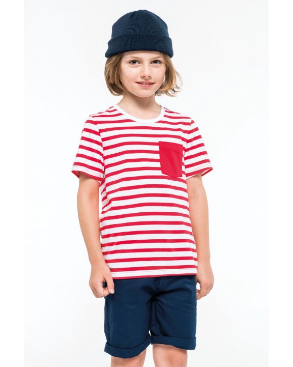 T-Shirt KARIBAN Gestreiftes Kurzarm-T-Shirt mit Tasche für Kinder im Marine-Stil personalisierbar